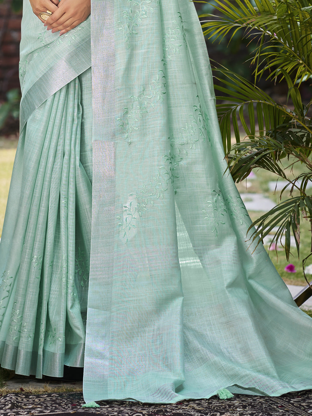Sangam Prints Sea Green Linen Woven Work Traditional Saree