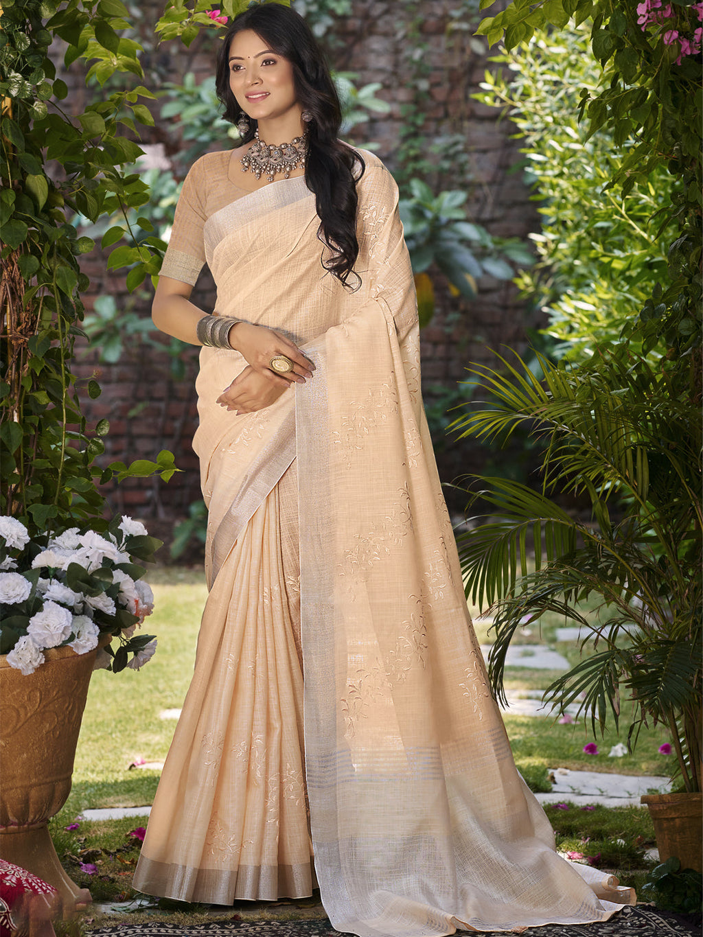 Sangam Prints Peach Linen Woven Work Traditional Saree