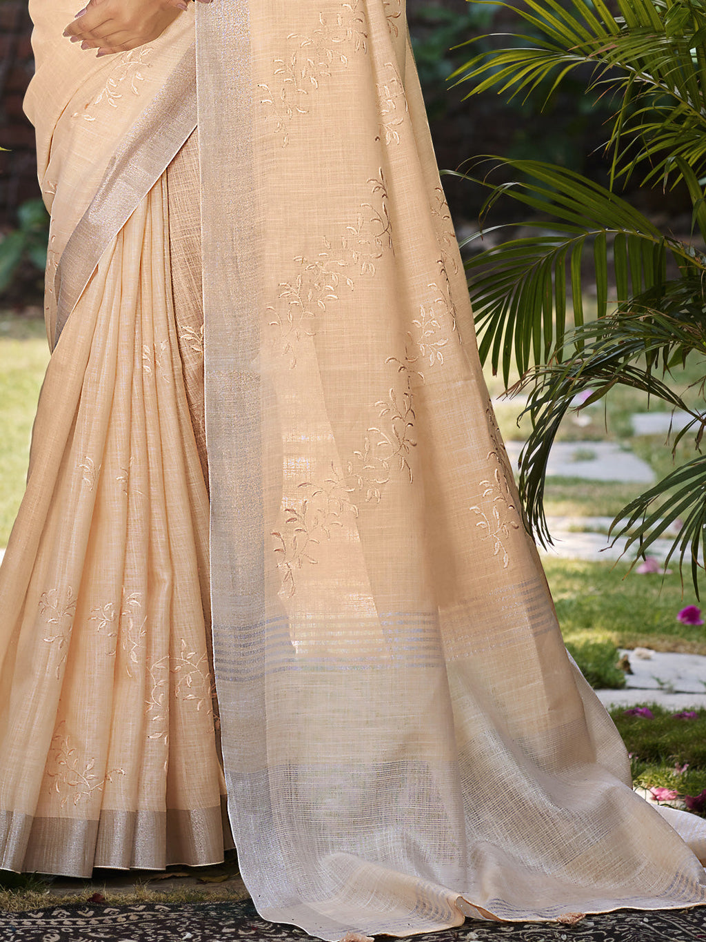 Sangam Prints Peach Linen Woven Work Traditional Saree