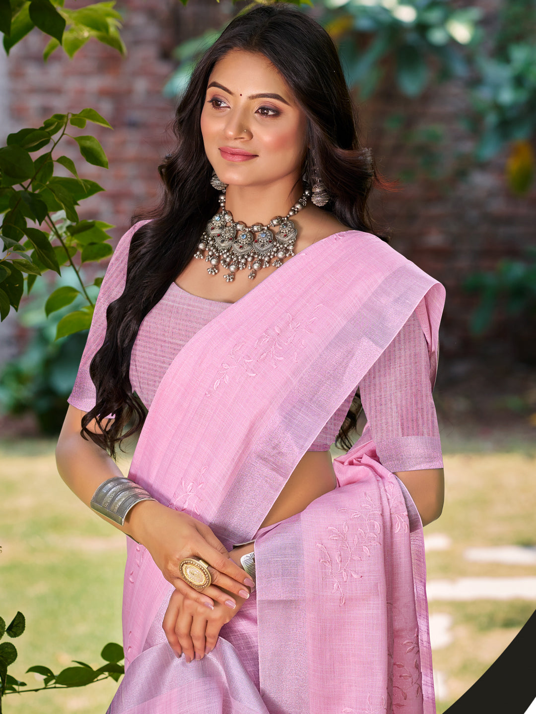 Sangam Prints Dark Pink Linen Woven Work Traditional Saree