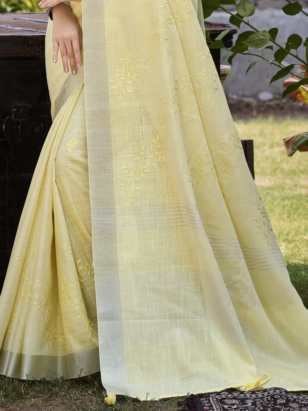 Sangam Prints Yellow Linen Woven Work Traditional Saree