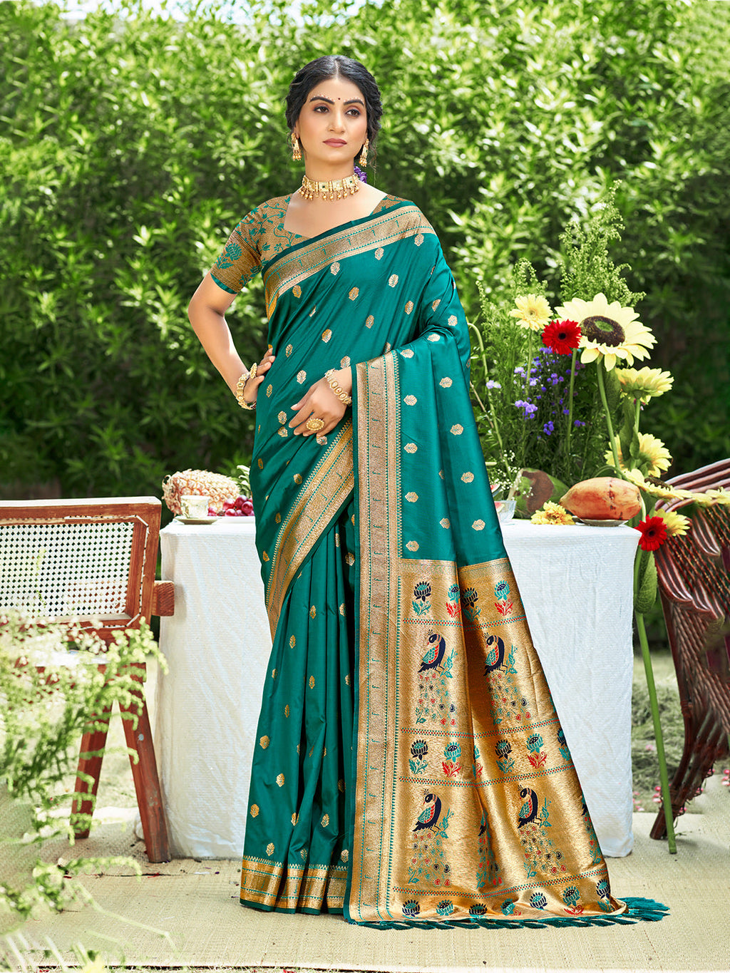 Sangam Prints Teal Green Silk Woven Work Traditional Saree