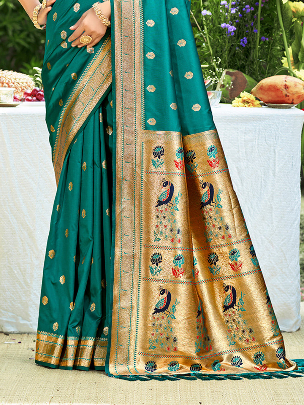 Sangam Prints Teal Green Silk Woven Work Traditional Saree