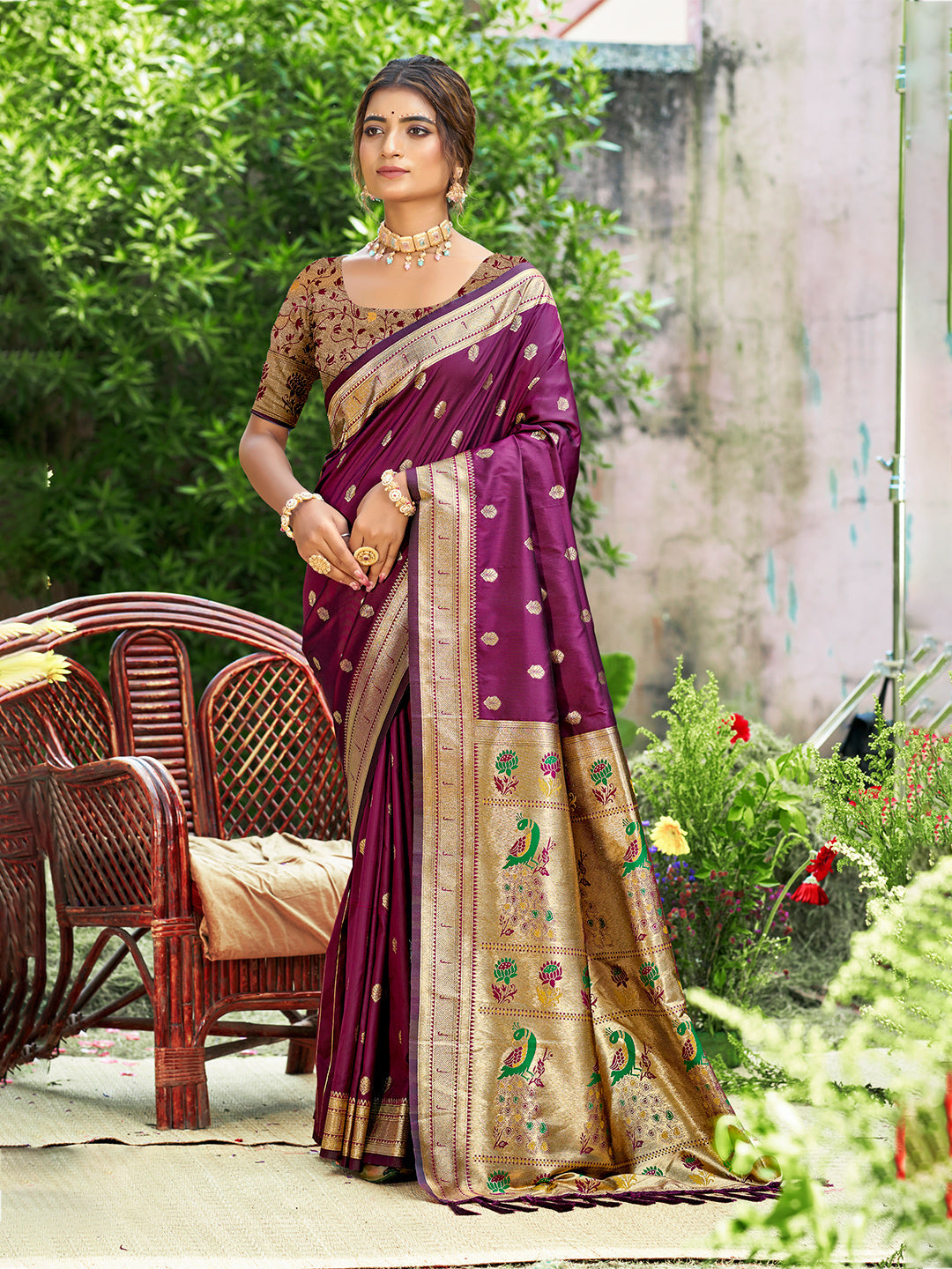 Sangam Prints Wine Silk Woven Work Traditional Saree