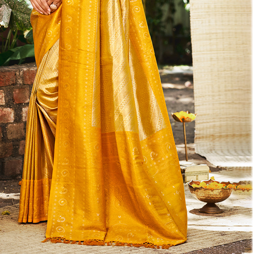 Sangam Prints Yellow Kanjivaram Silk Woven Work Traditional Saree