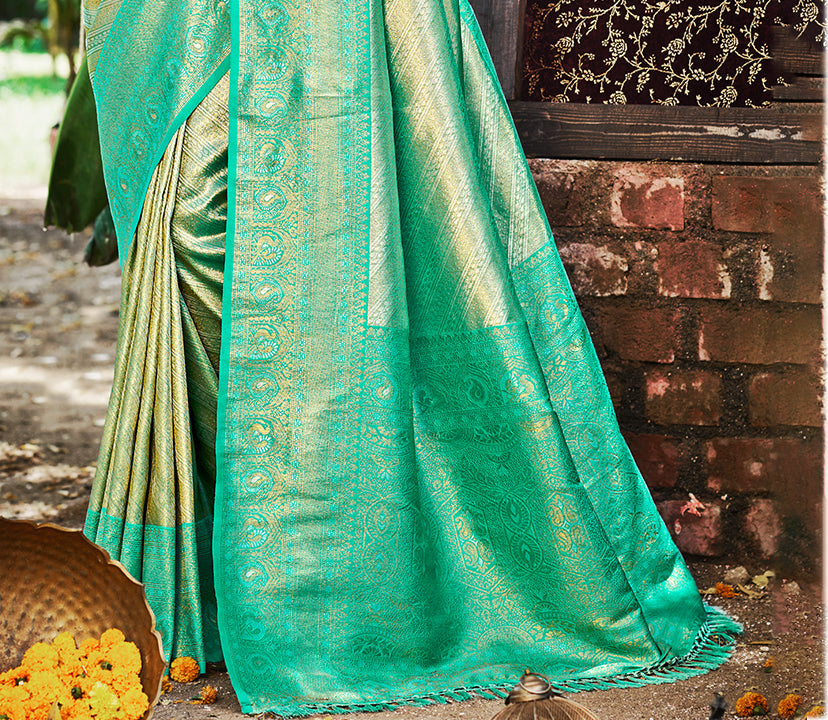 Sangam Prints Sea Green Kanjivaram Silk Woven Work Traditional Saree