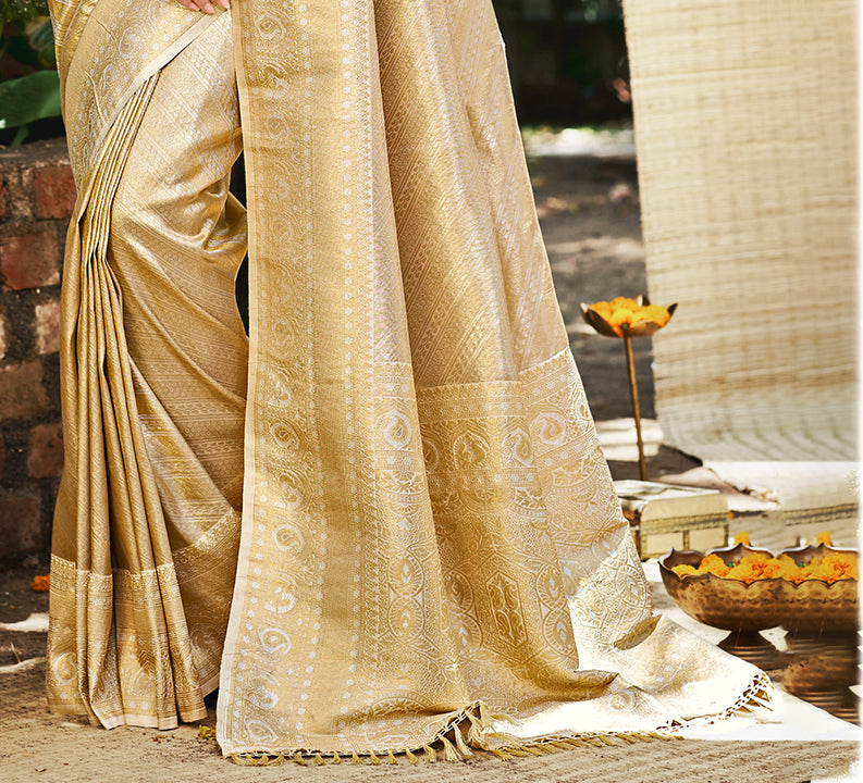 Sangam Prints Beige Kanjivaram Silk Woven Work Traditional Saree