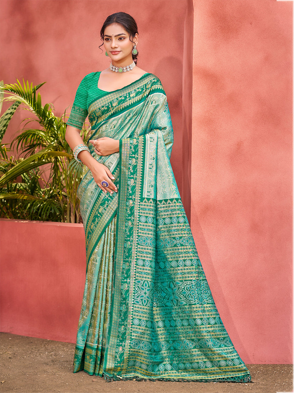 Sangam Prints Teal  Kanjivaram Silk Woven Work Traditional Saree