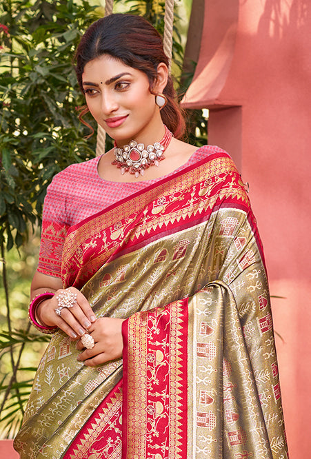 Sangam Prints Olive Green Kanjivaram Silk Woven Work Traditional Saree