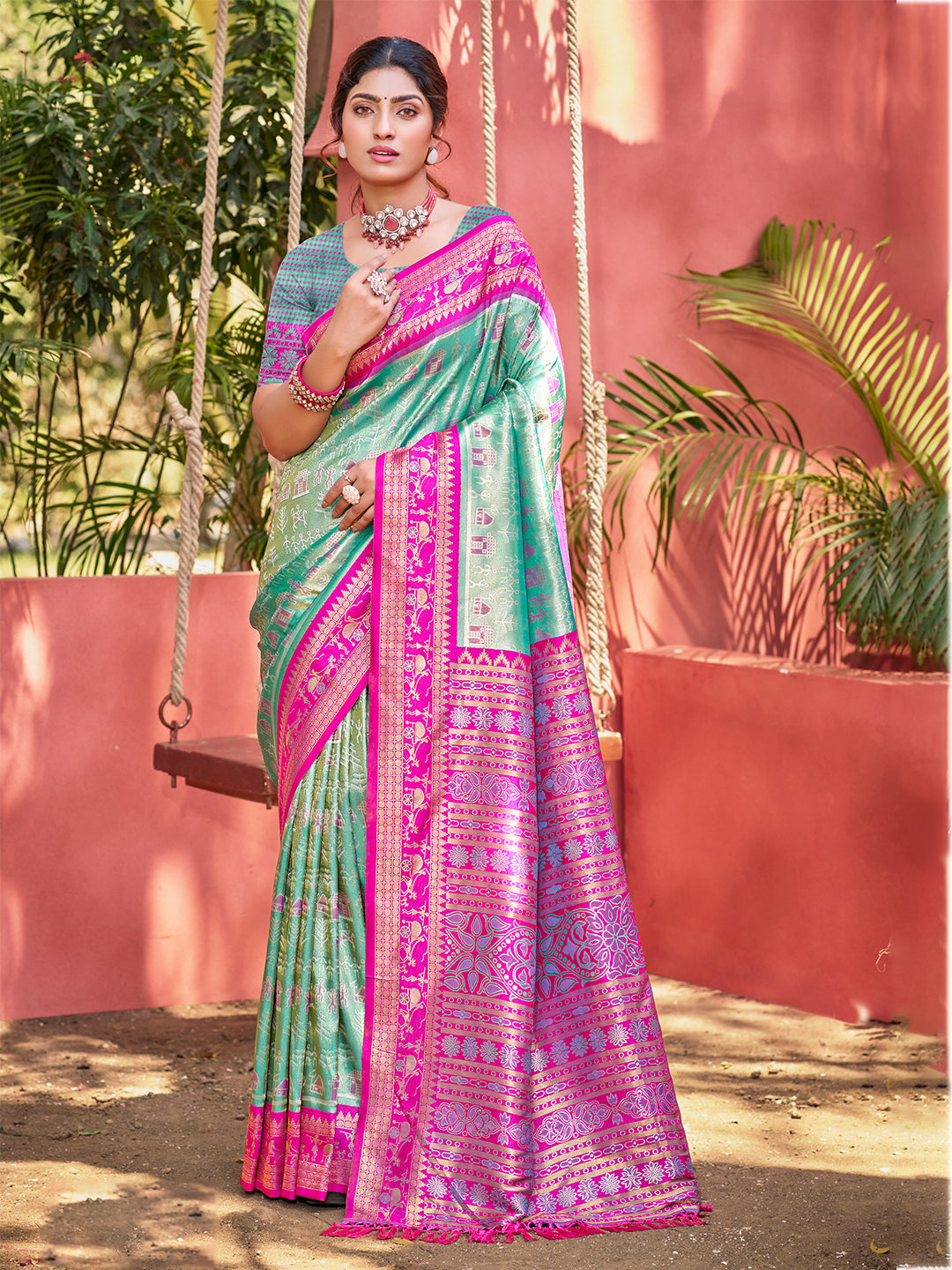 Sangam Prints Sea Green Kanjivaram Silk Woven Work Traditional Saree