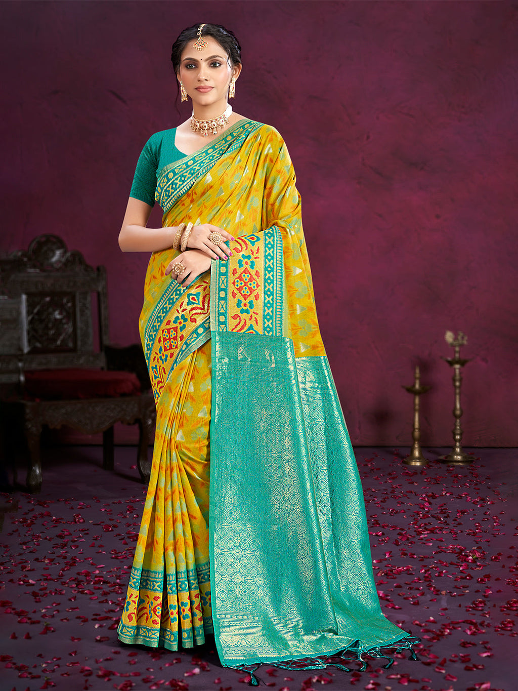Sangam Prints Yellow Cotton Silk With Meena Woven Work Traditional Saree