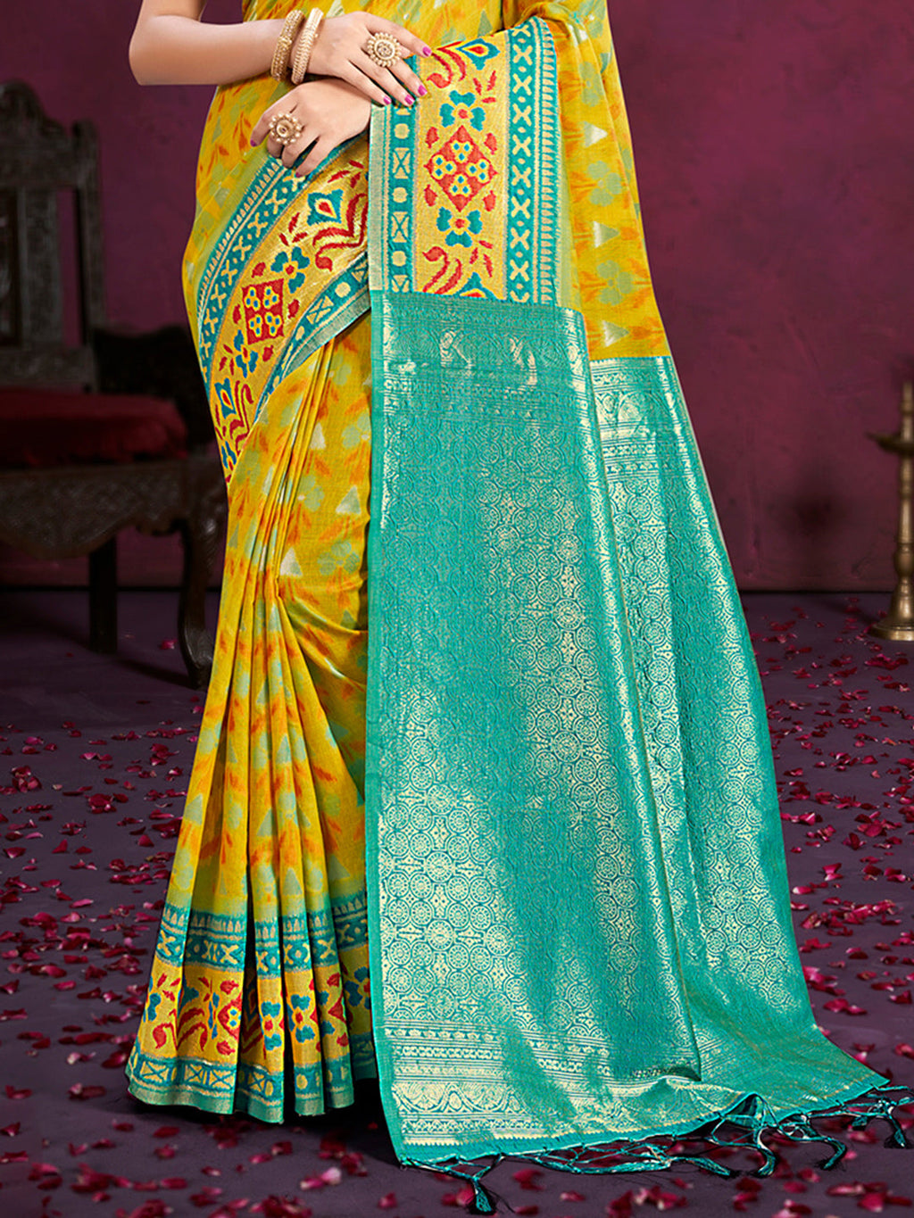 Sangam Prints Yellow Cotton Silk With Meena Woven Work Traditional Saree