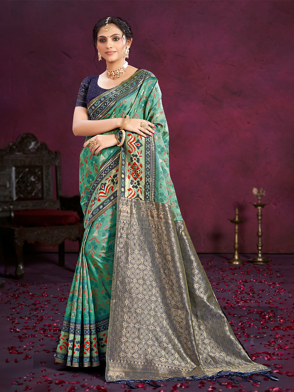 Sangam Prints Teal Green Cotton Silk With Meena Woven Work Traditional Saree