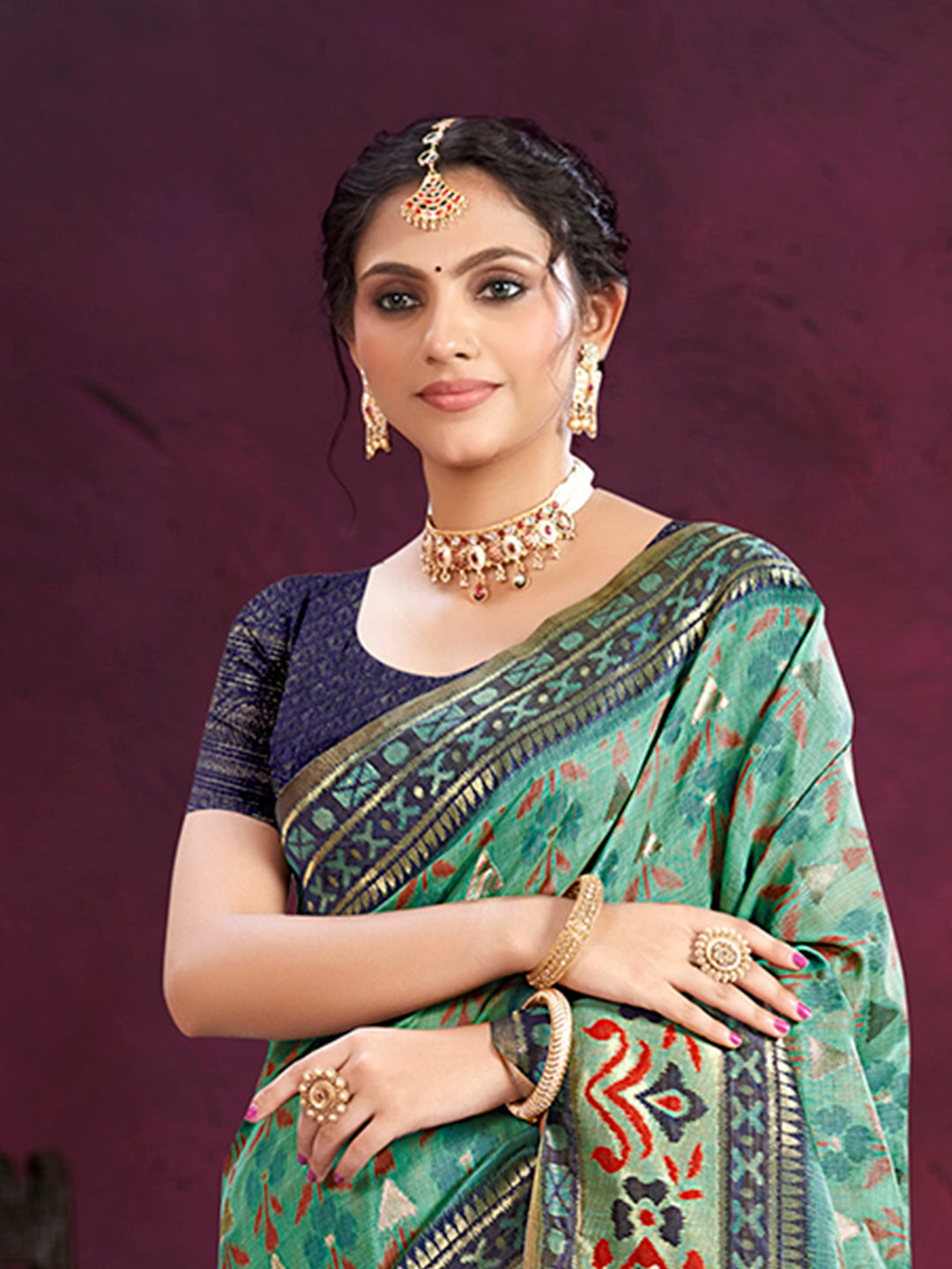 Sangam Prints Teal Green Cotton Silk With Meena Woven Work Traditional Saree