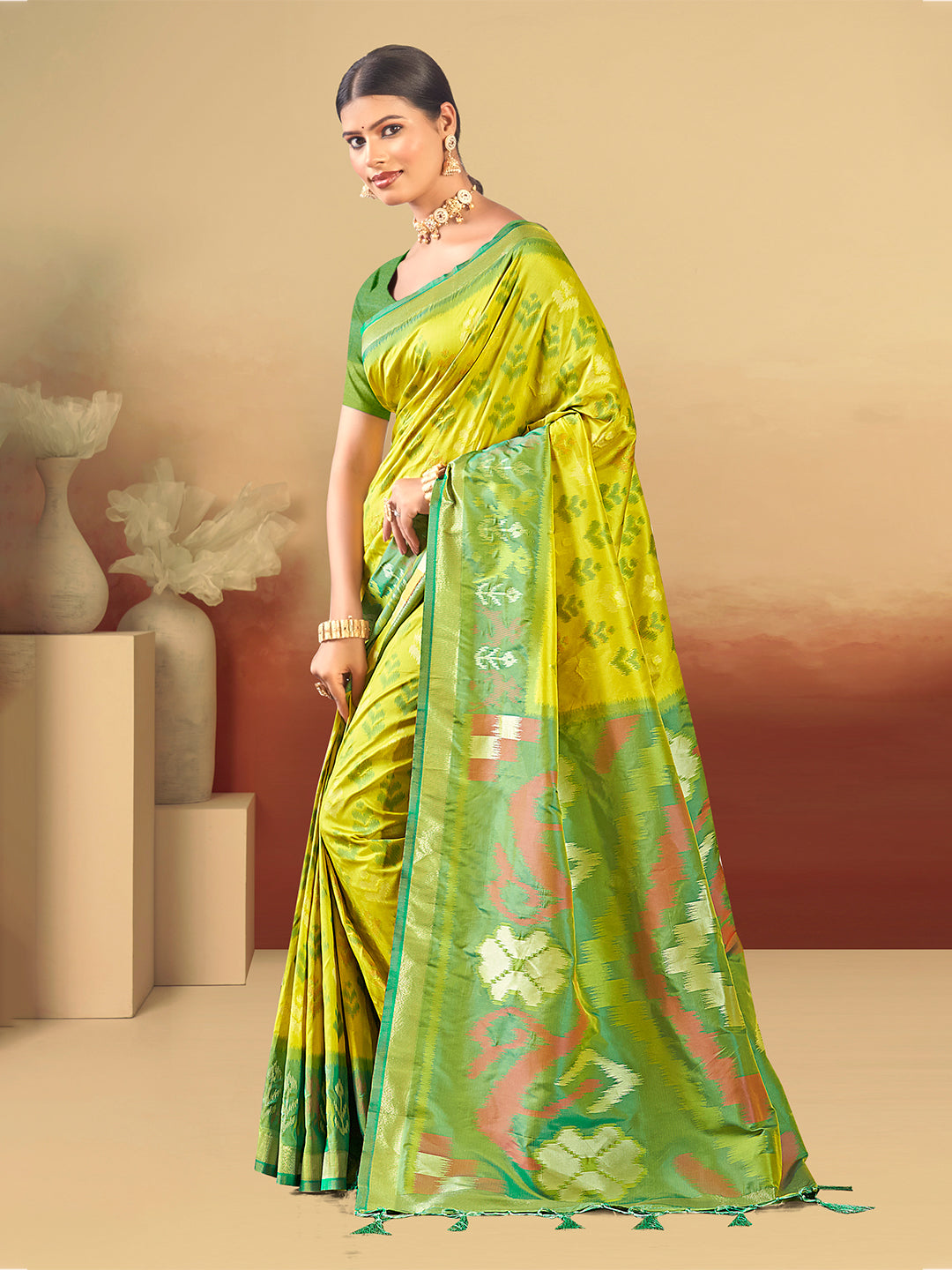 Sangam Prints Lime Green Silk Woven Work Traditional Saree