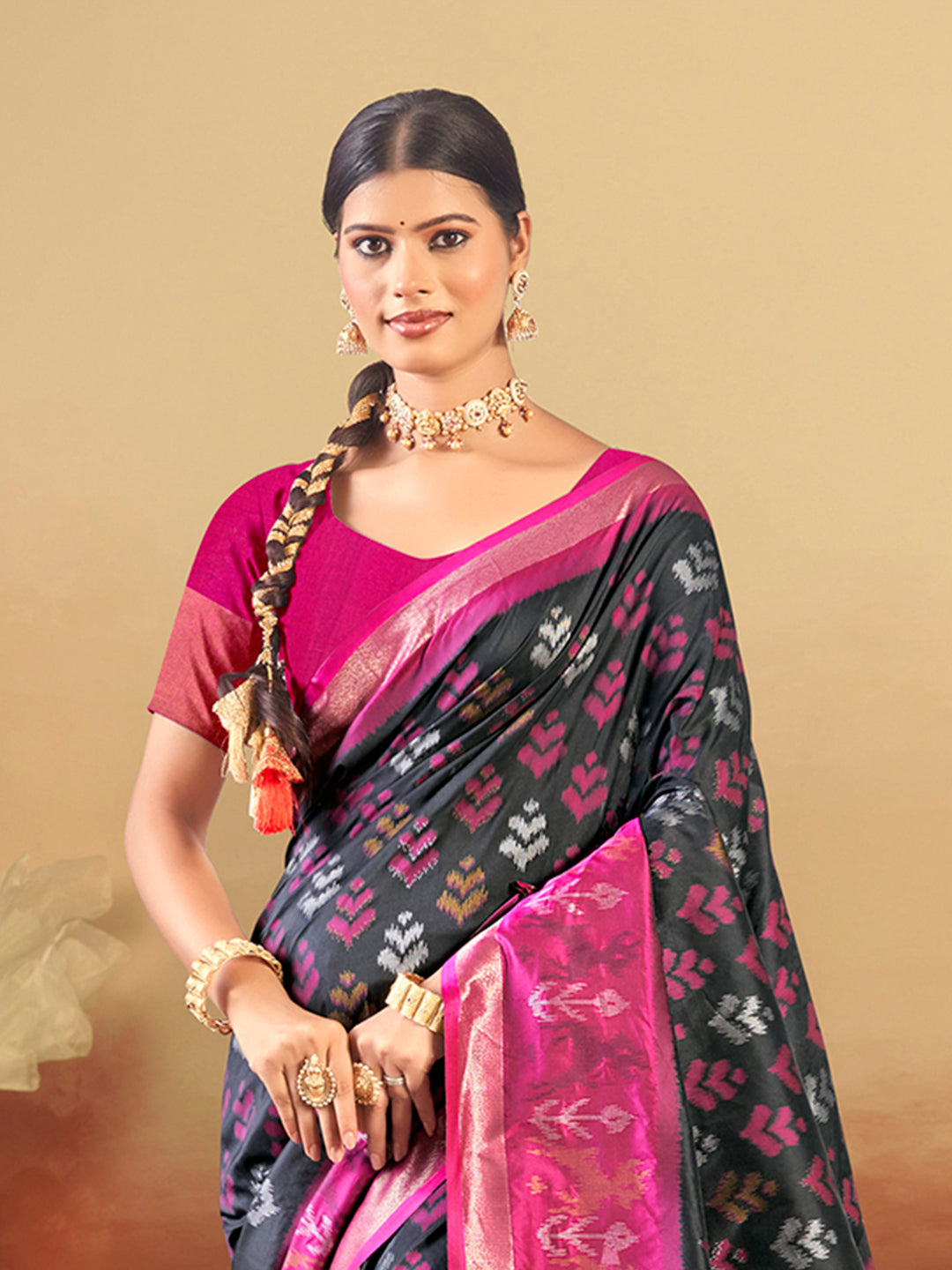 Sangam Prints Black And Magenta Silk Woven Work Traditional Saree