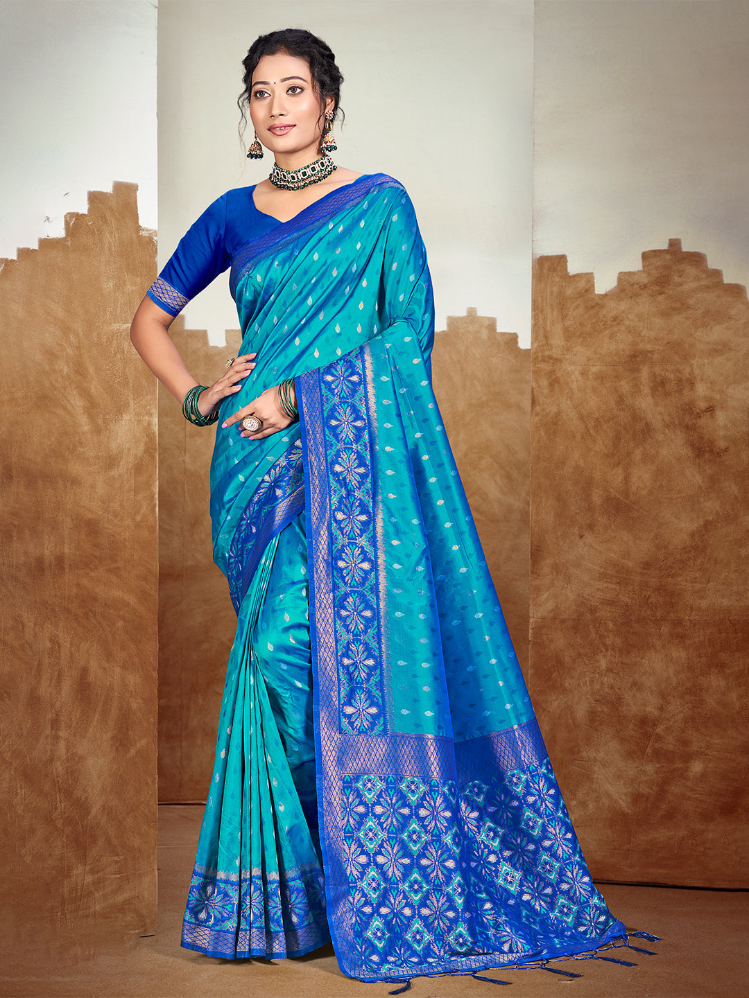 Sangam Prints Peacock Blue Silk Woven Work Traditional Saree