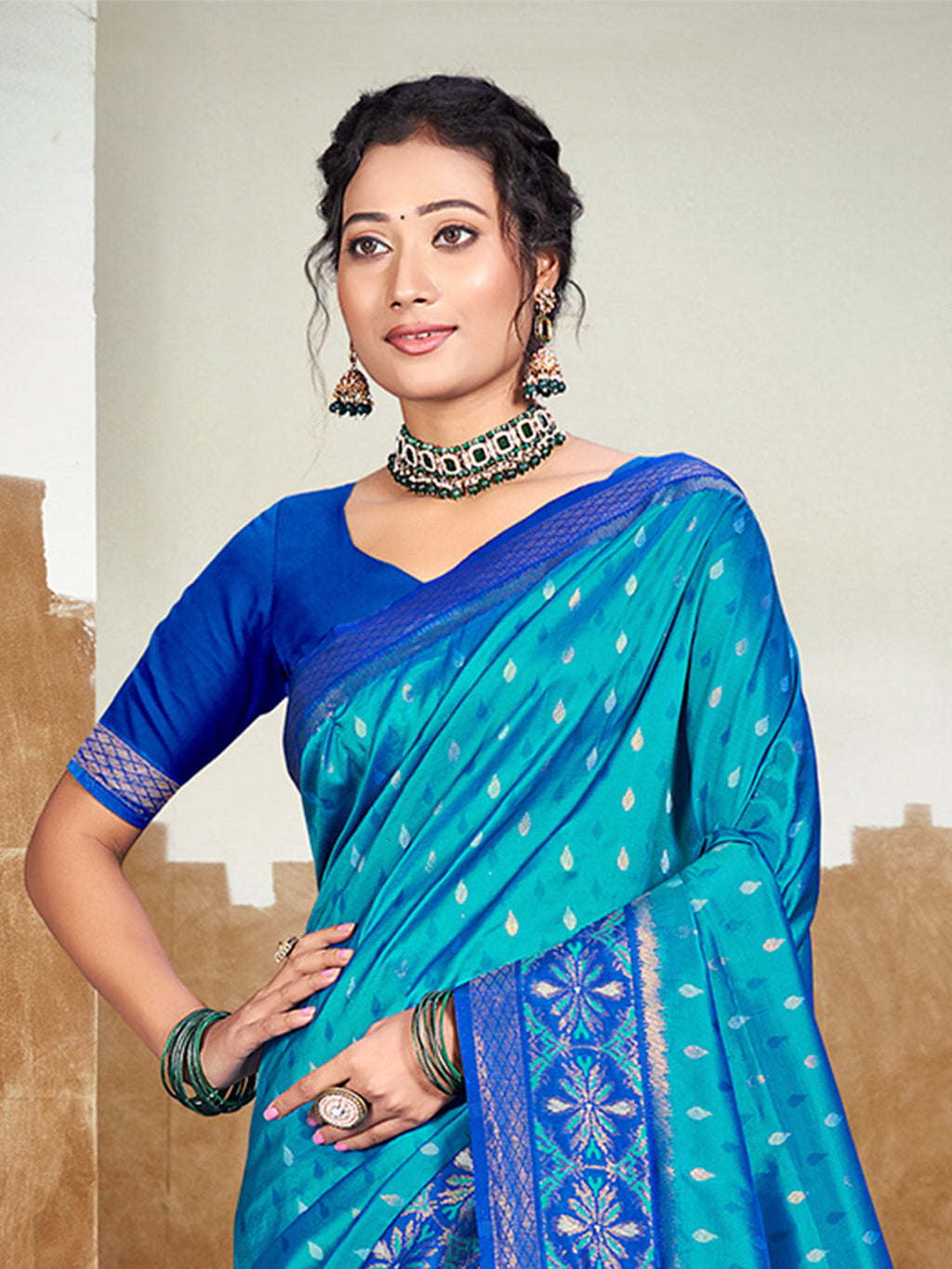Sangam Prints Peacock Blue Silk Woven Work Traditional Saree