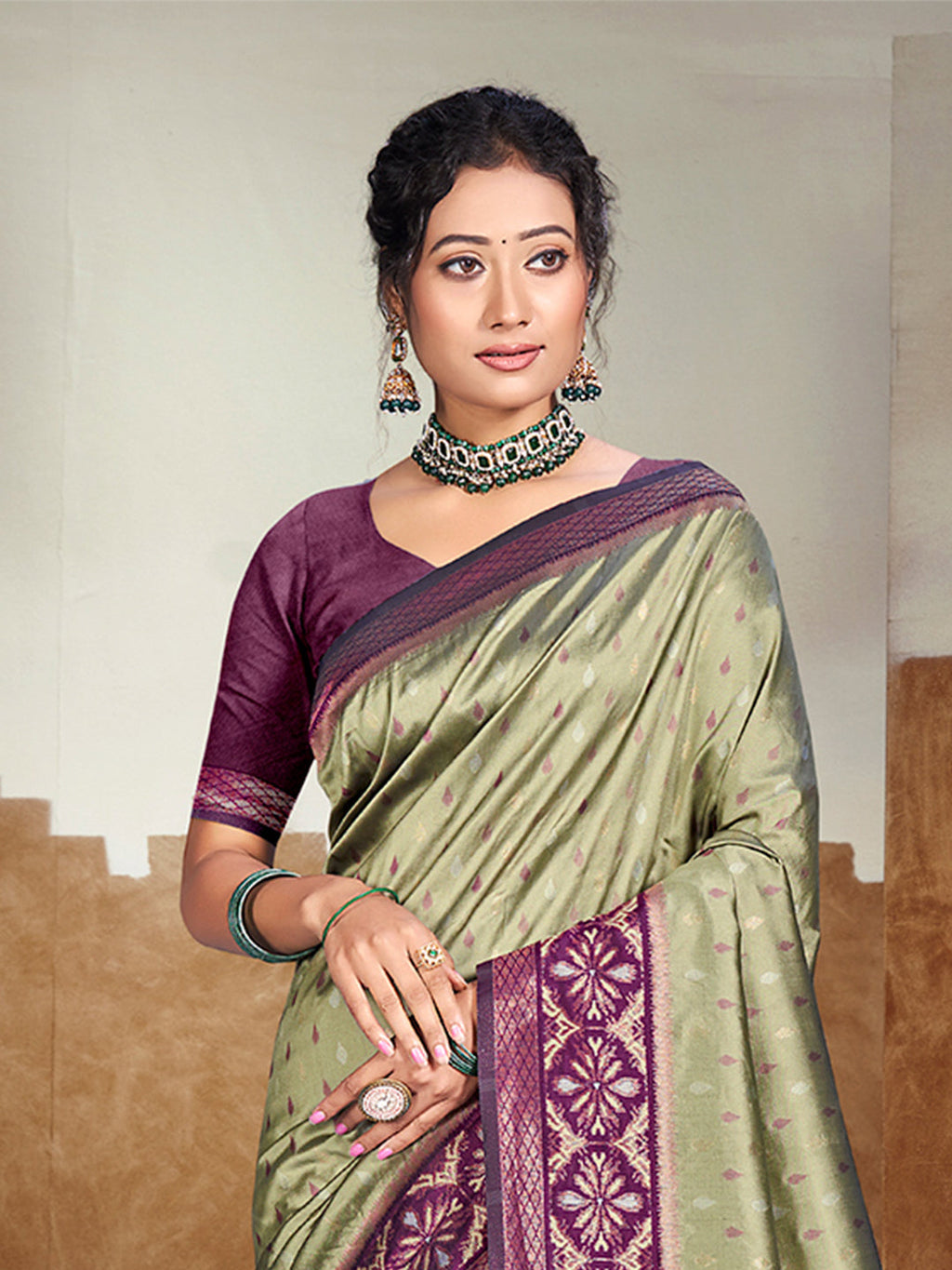Sangam Prints Olive Green Silk Woven Work Traditional Saree