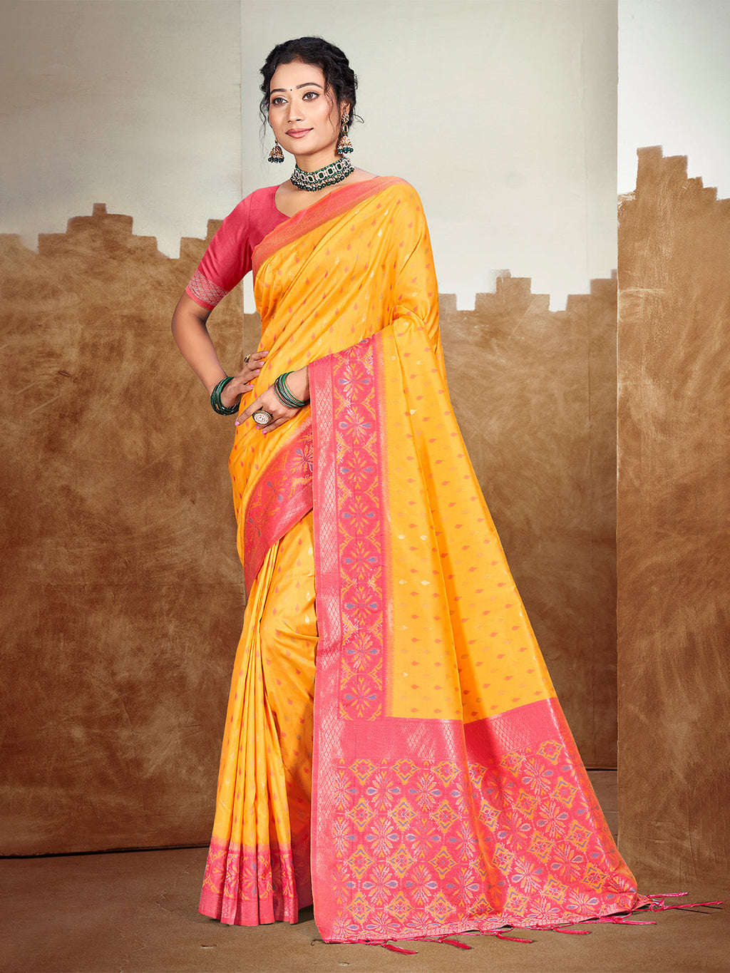 Sangam Prints Mustard Yellow Silk Woven Work Traditional Saree