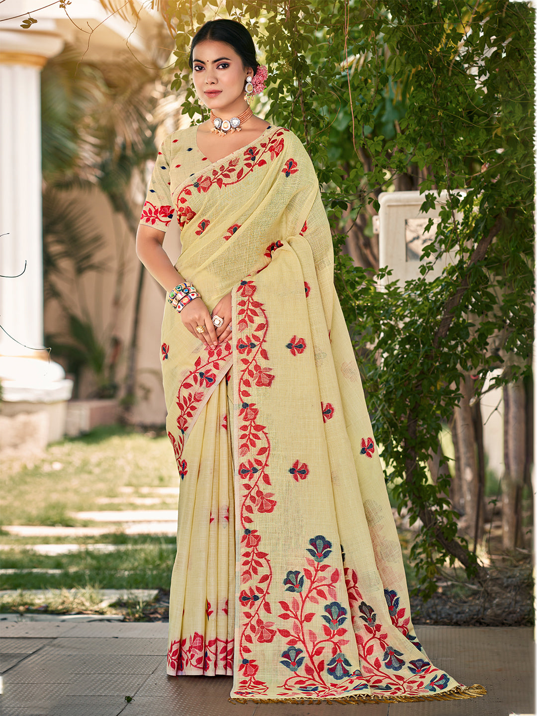 Sangam Prints Light Yellow Linen Woven Work Traditional Saree