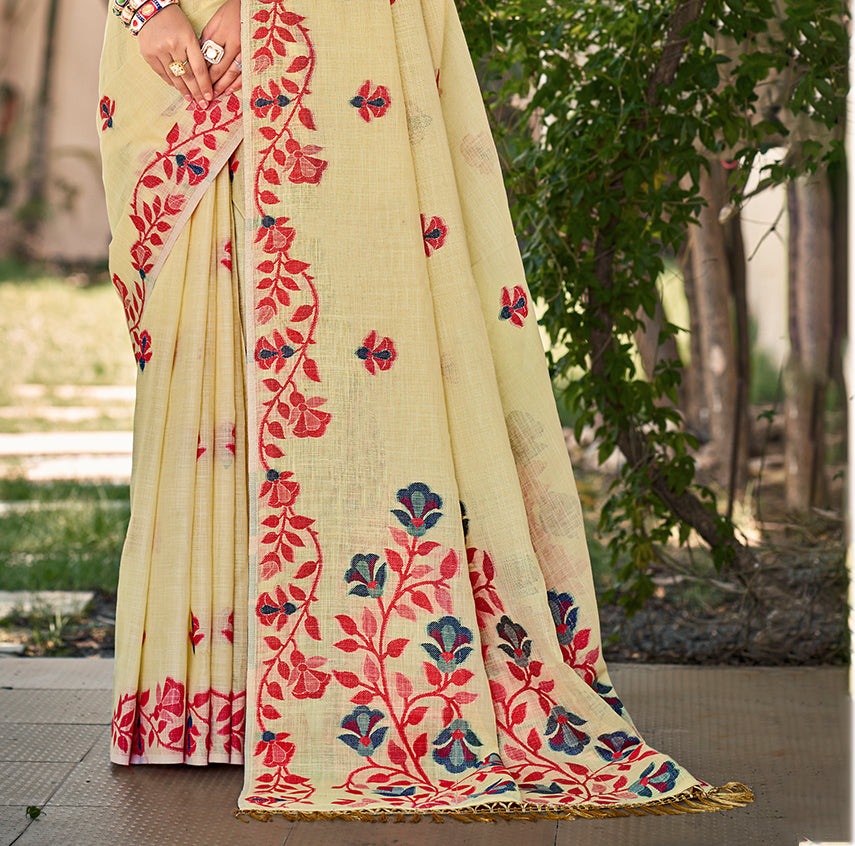 Sangam Prints Light Yellow Linen Woven Work Traditional Saree