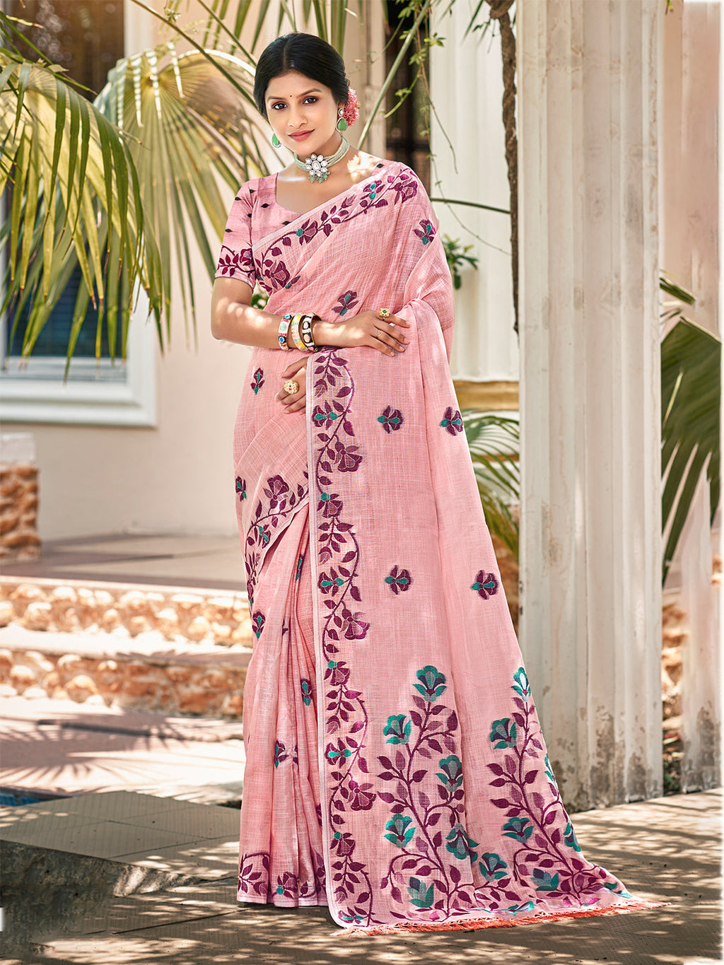 Sangam Prints Light Pink Linen Woven Work Traditional Saree