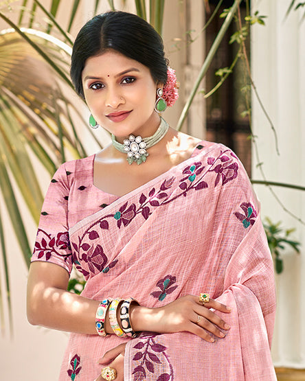 Sangam Prints Light Pink Linen Woven Work Traditional Saree