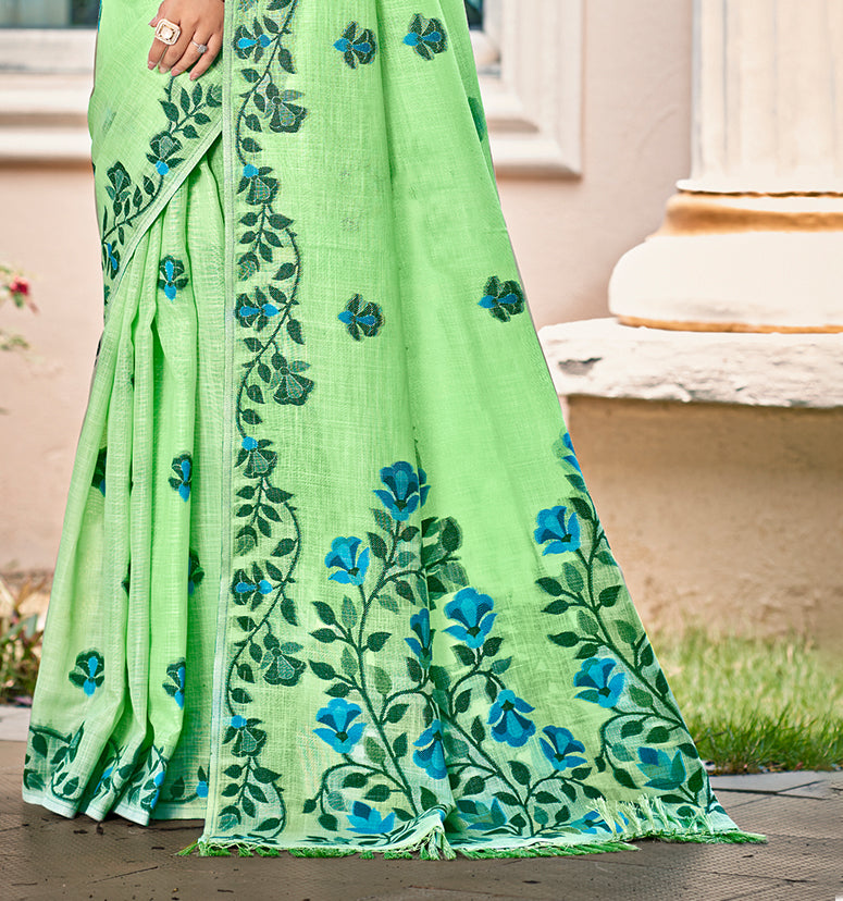Sangam Prints Light Green Linen Woven Work Traditional Saree