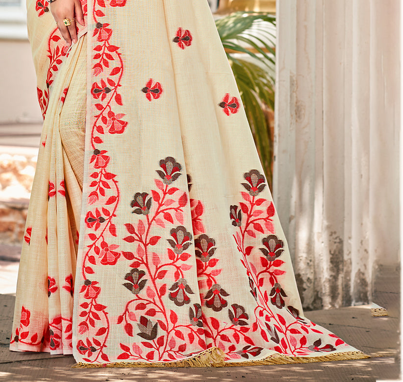 Sangam Prints Cream  Linen Woven Work Traditional Saree