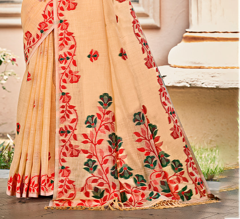 Sangam Prints Peach  Linen Woven Work Traditional Saree