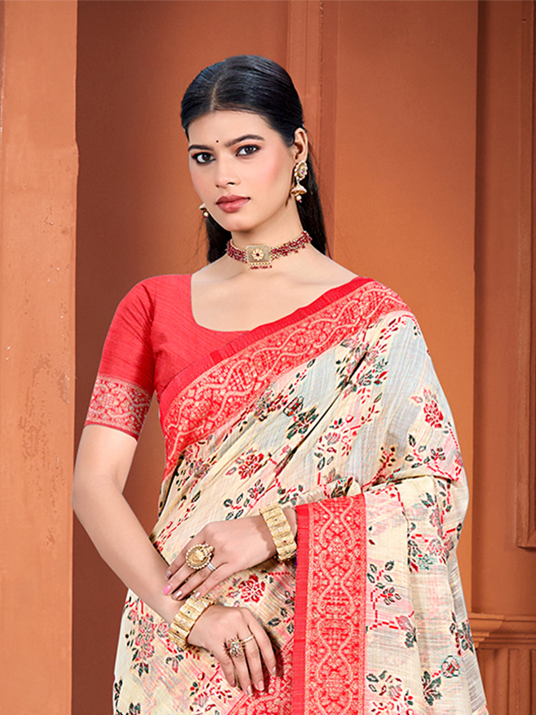 Sangam Prints Beige Cotton Silk With Meena Woven Work Traditional Saree