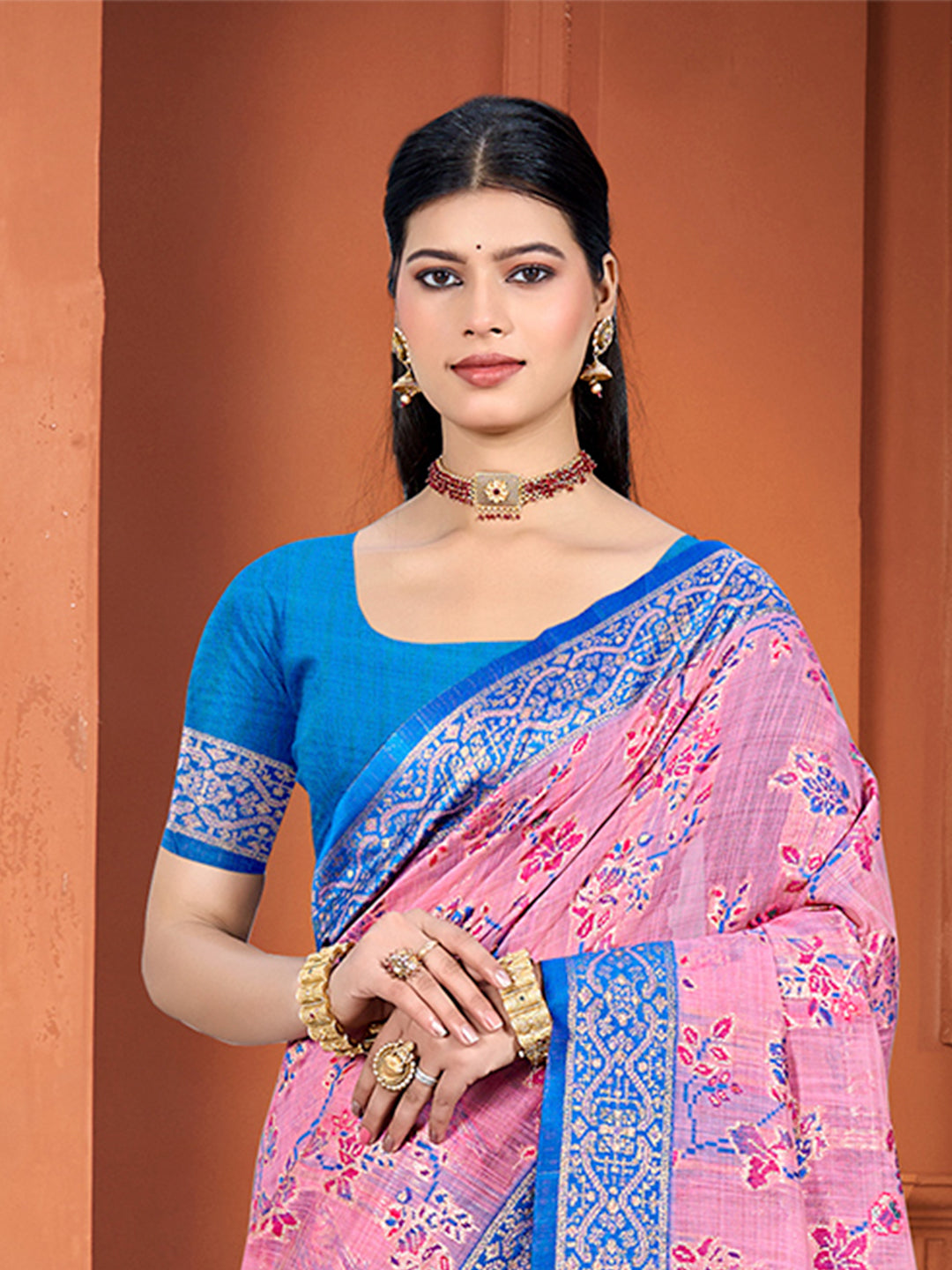 Sangam Prints Pink Cotton Silk With Meena Woven Work Traditional Saree