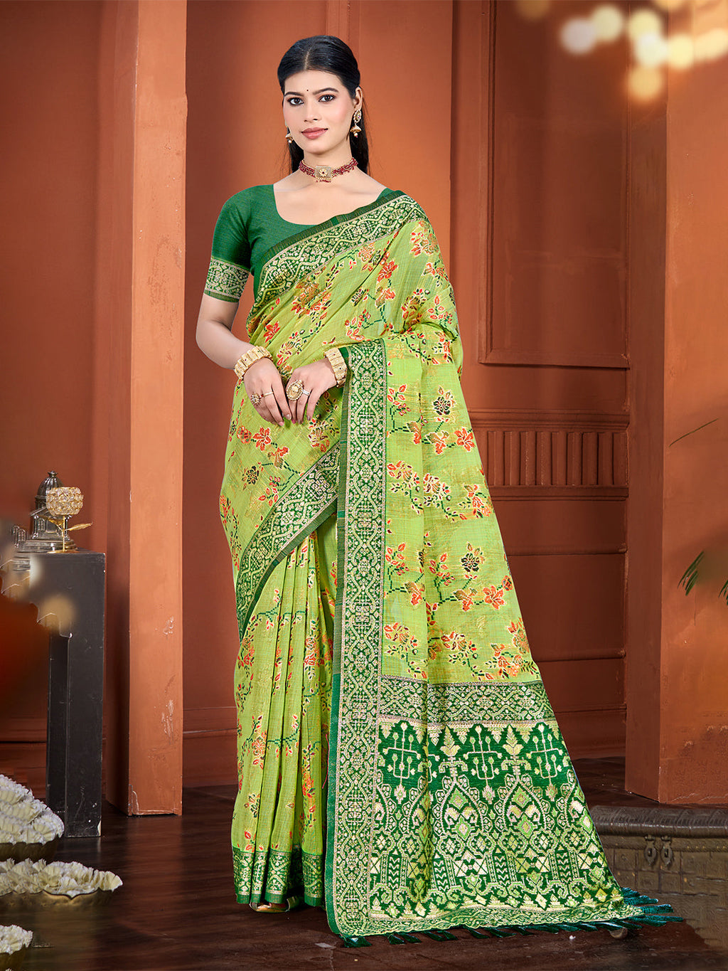 Sangam Prints Green Cotton Silk With Meena Woven Work Traditional Saree