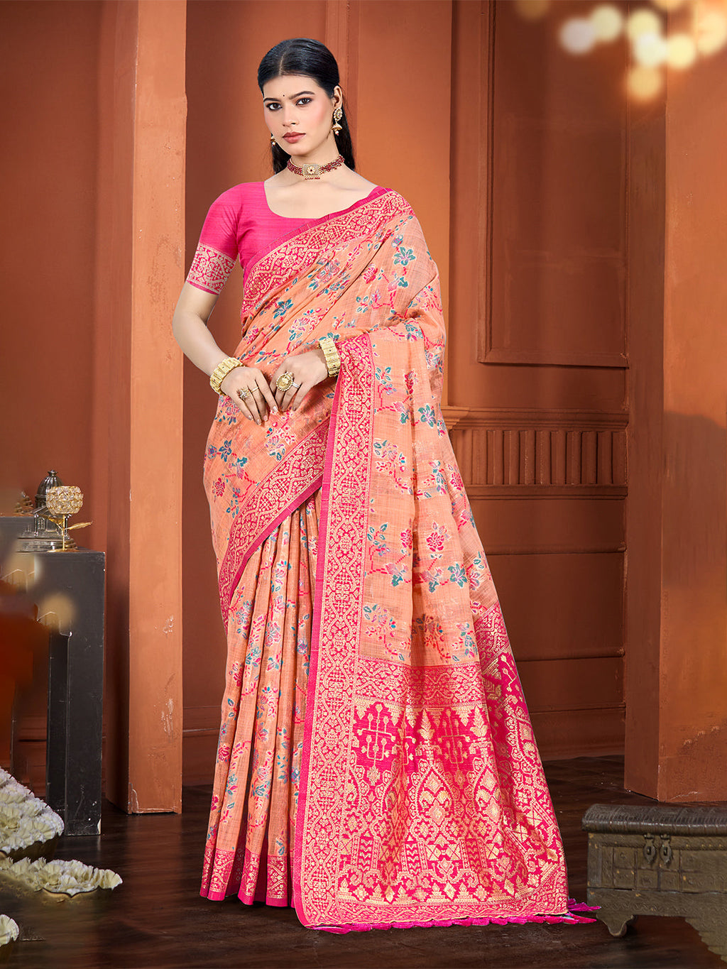 Sangam Prints Peach Cotton Silk With Meena Woven Work Traditional Saree
