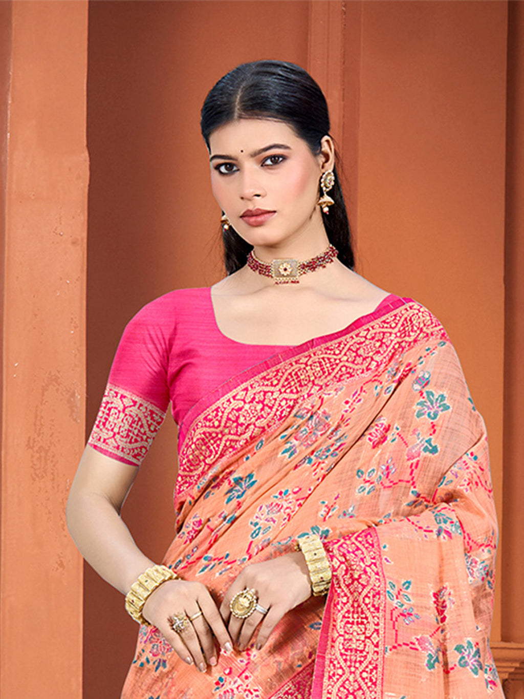 Sangam Prints Peach Cotton Silk With Meena Woven Work Traditional Saree