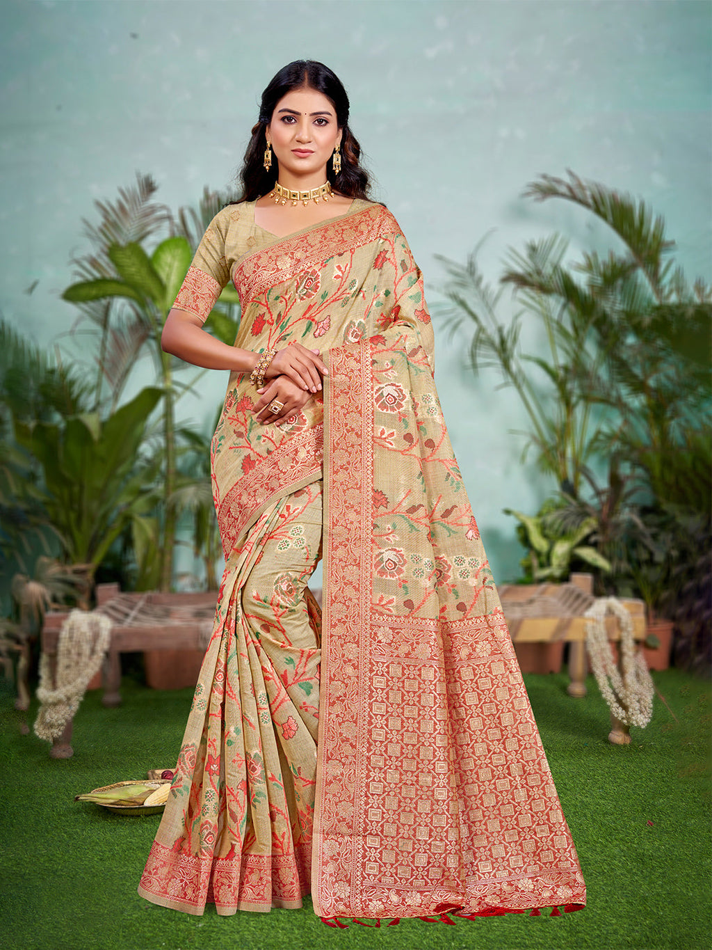 Sangam Prints Beige Cotton Silk With Meena Woven Work Traditional Saree