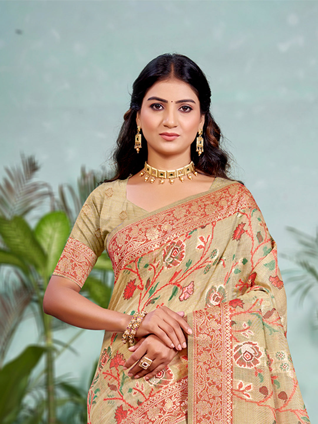 Sangam Prints Beige Cotton Silk With Meena Woven Work Traditional Saree