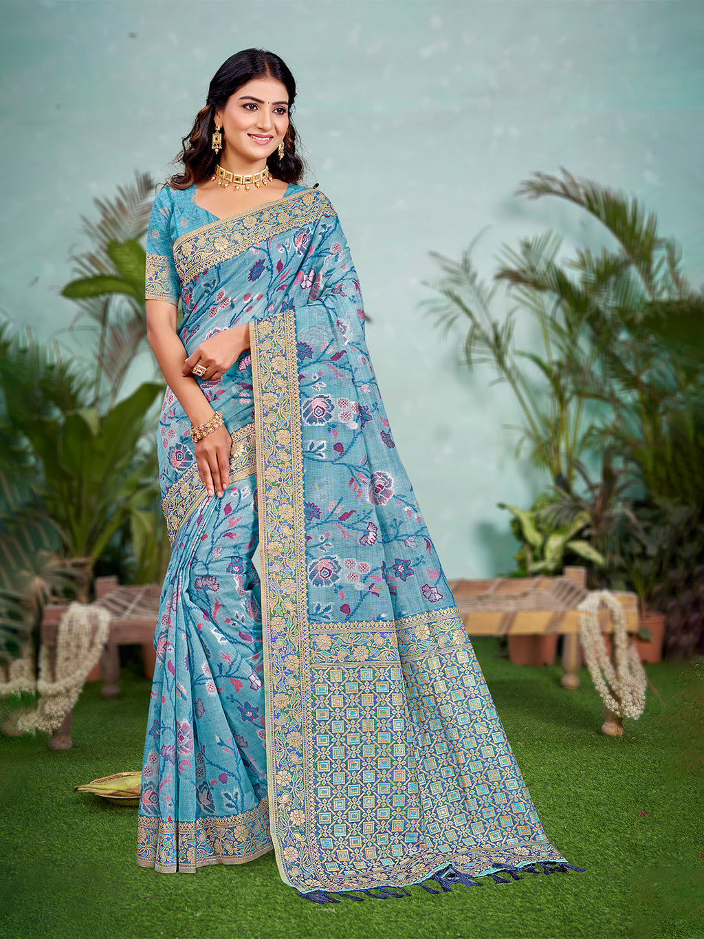 Sangam Prints Sky Blue  Cotton Silk With Meena Woven Work Traditional Saree