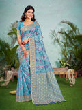Sangam Prints Sky Blue  Cotton Silk With Meena Woven Work Traditional Saree