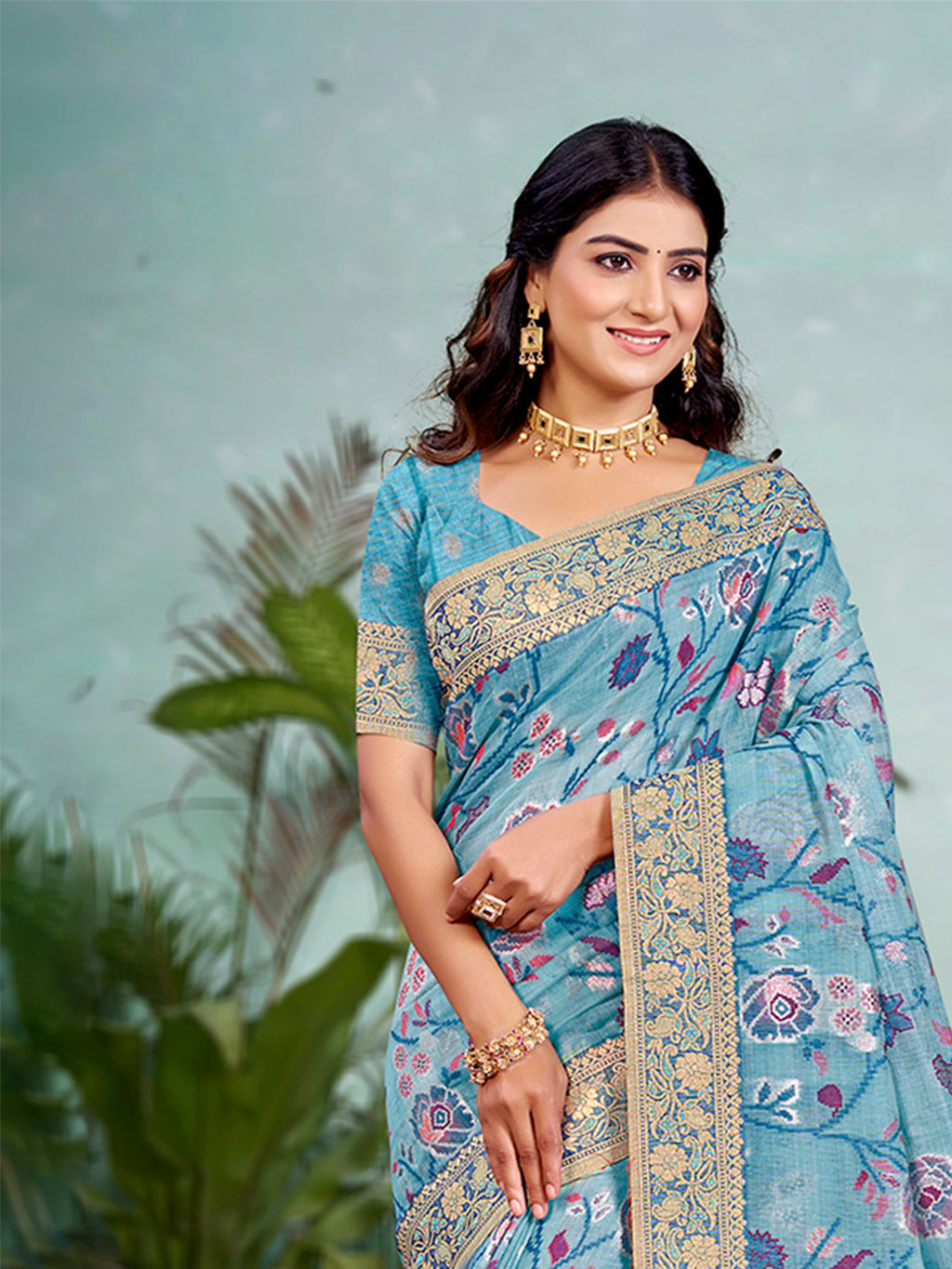 Sangam Prints Sky Blue  Cotton Silk With Meena Woven Work Traditional Saree