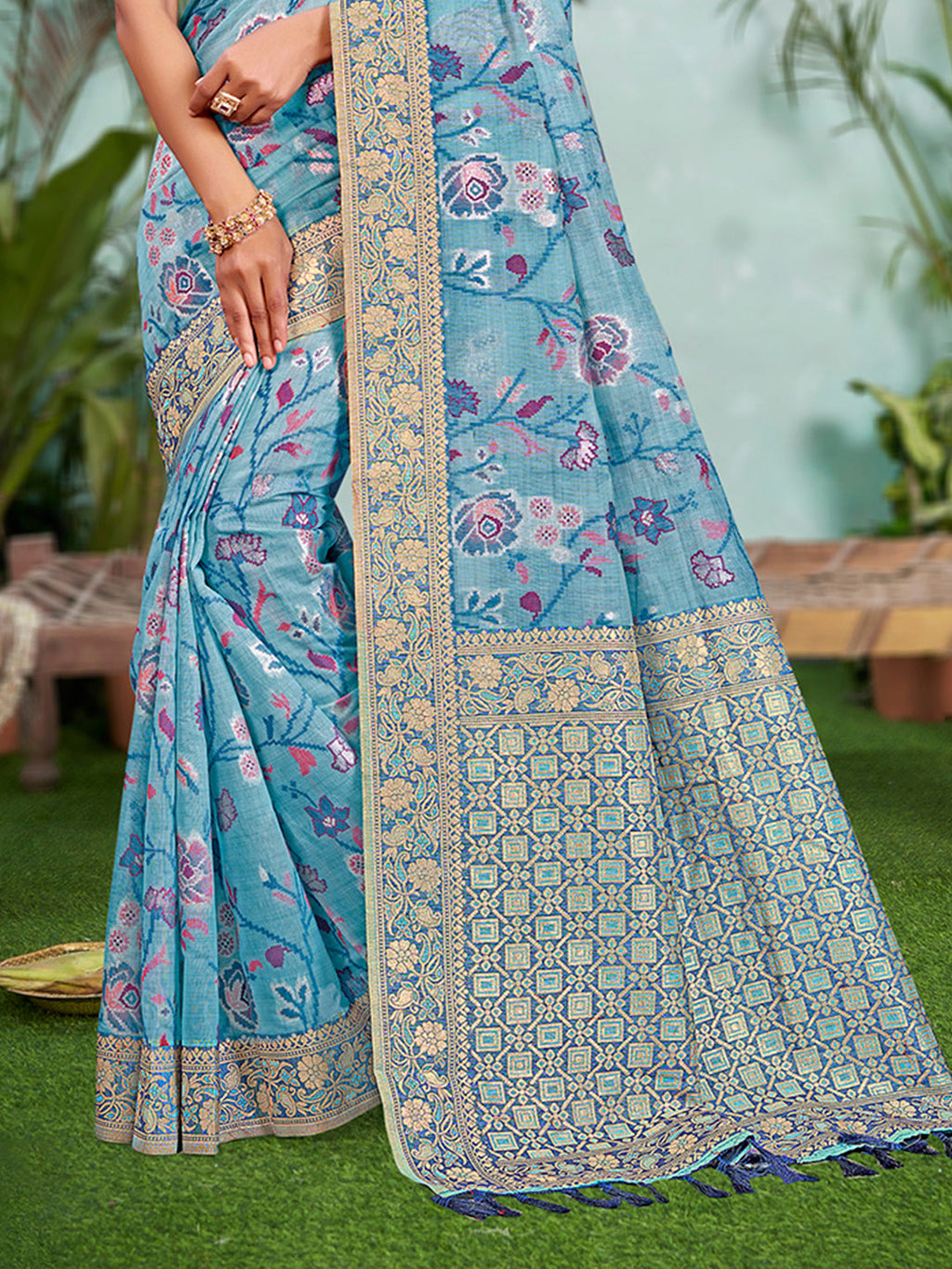 Sangam Prints Sky Blue  Cotton Silk With Meena Woven Work Traditional Saree