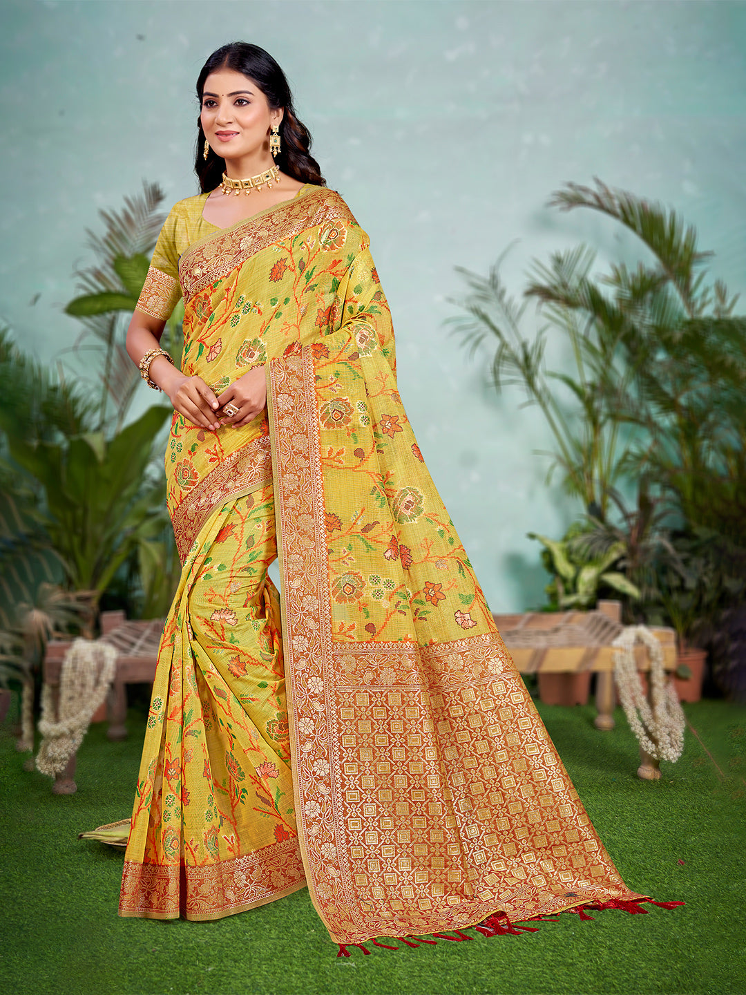 Sangam Prints Yellow Cotton Silk With Meena Woven Work Traditional Saree