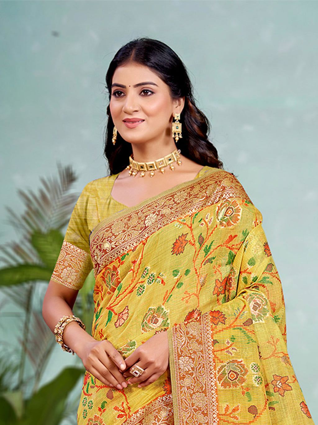 Sangam Prints Yellow Cotton Silk With Meena Woven Work Traditional Saree