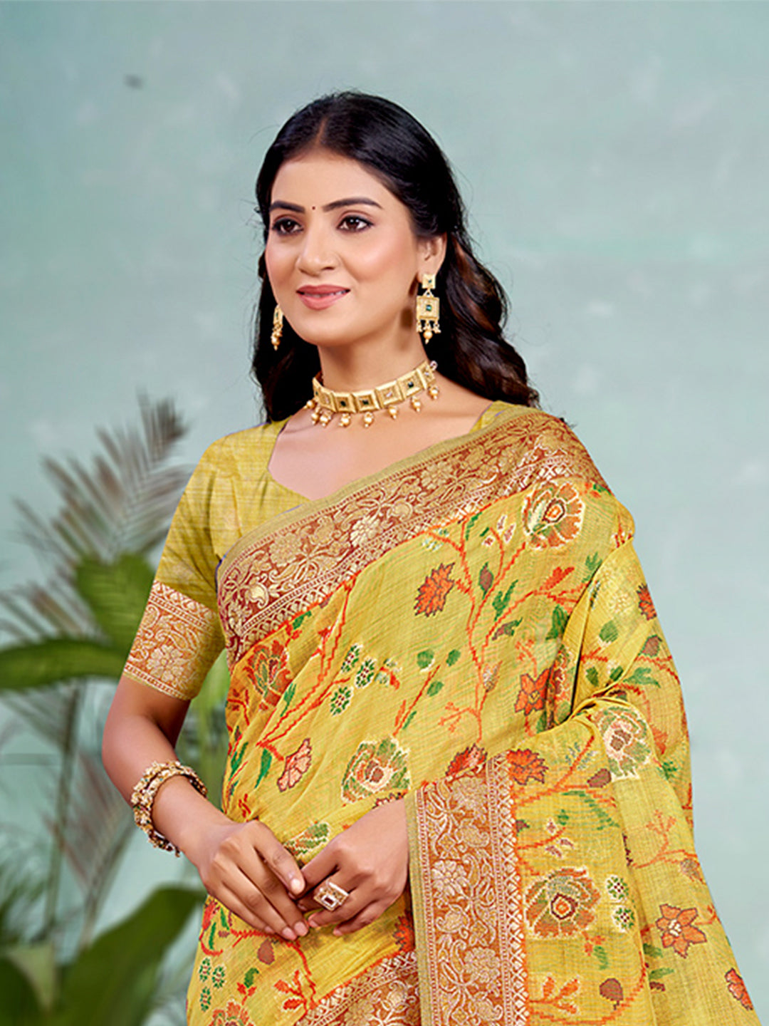 Sangam Prints Yellow Cotton Silk With Meena Woven Work Traditional Saree