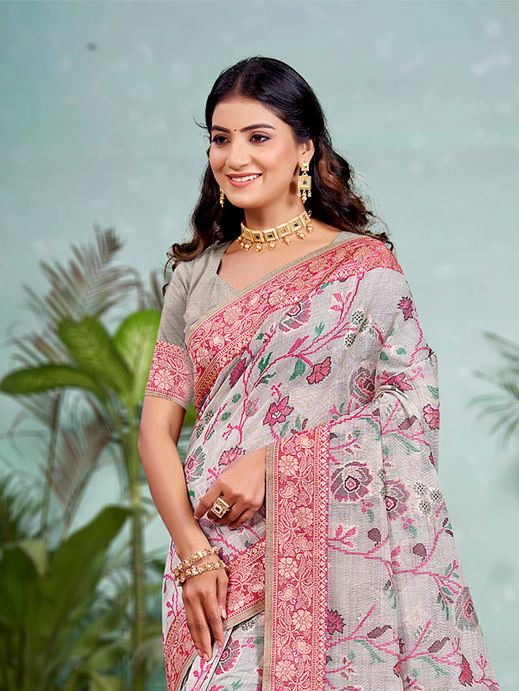 Sangam Prints Gray Cotton Silk With Meena Woven Work Traditional Saree