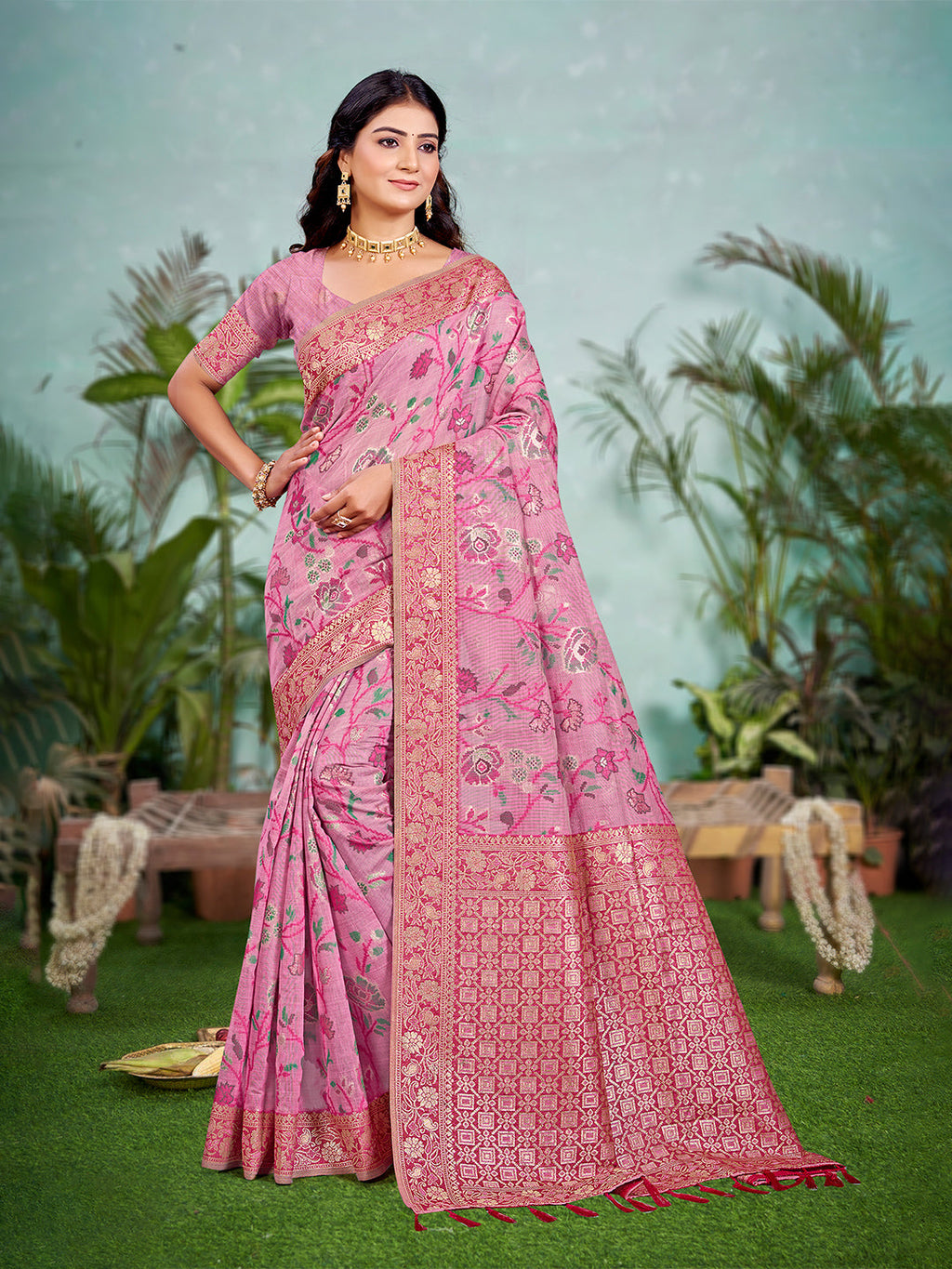 Sangam Prints Pink Cotton Silk With Meena Woven Work Traditional Saree