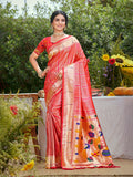 Sangam Prints Coral Pink Silk Woven Work Traditional Saree