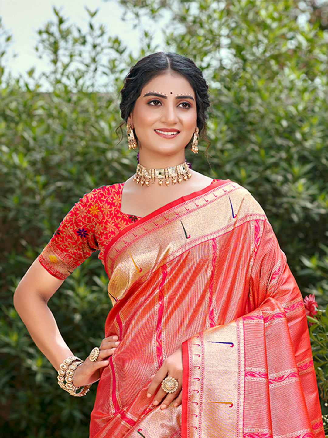 Sangam Prints Coral Pink Silk Woven Work Traditional Saree