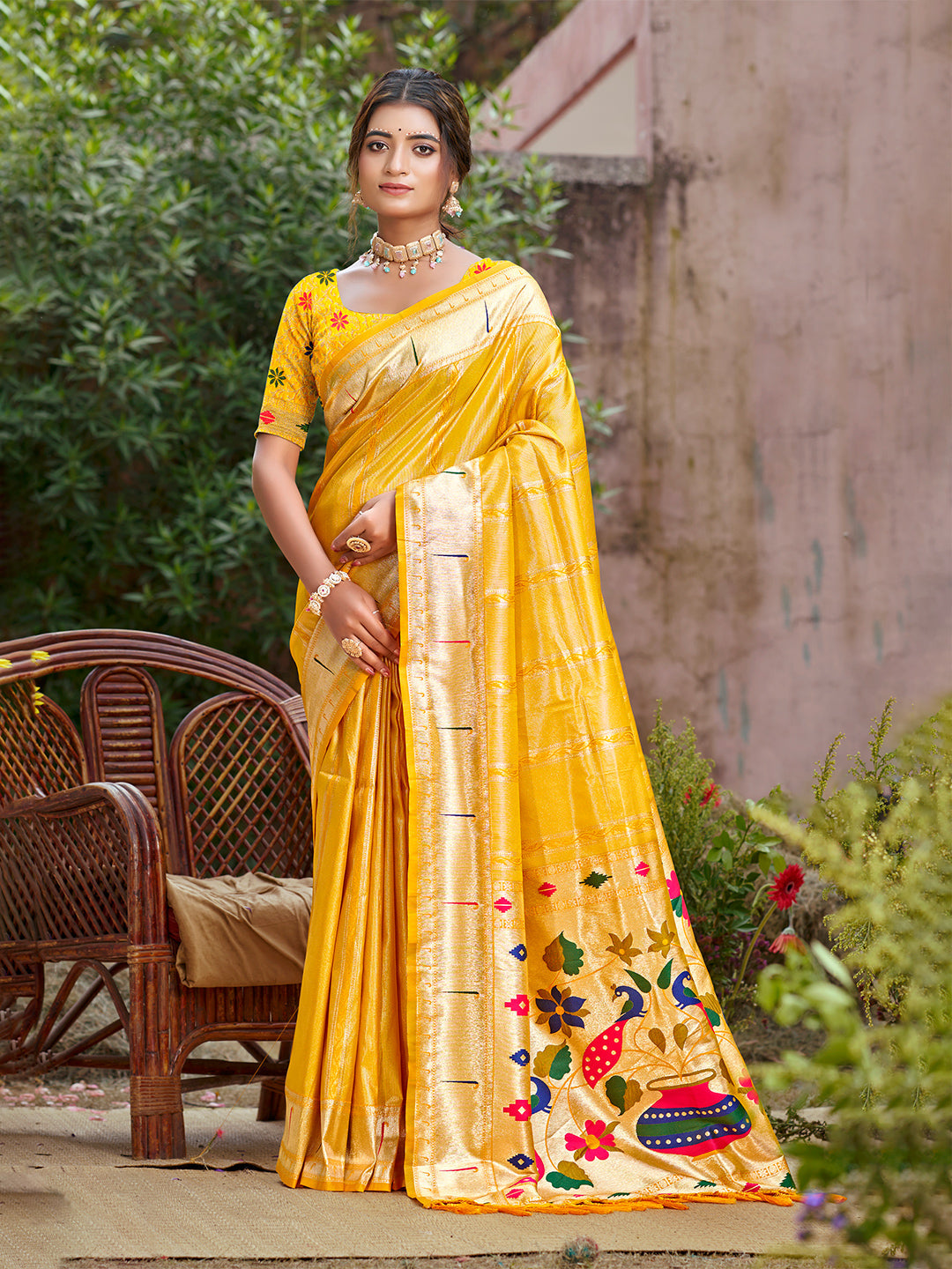 Sangam Prints Yellow Silk Woven Work Traditional Saree